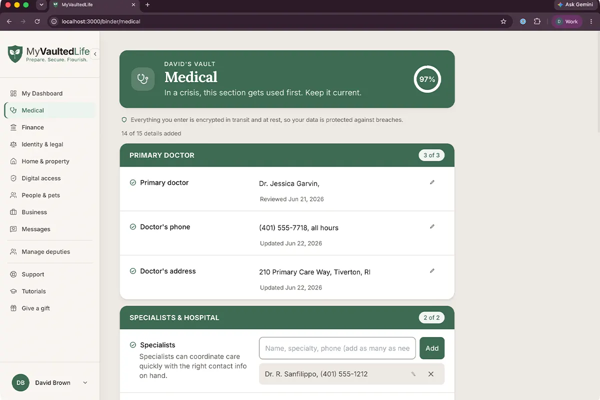 The MyVaultedLife medical section with organized doctor and contact details